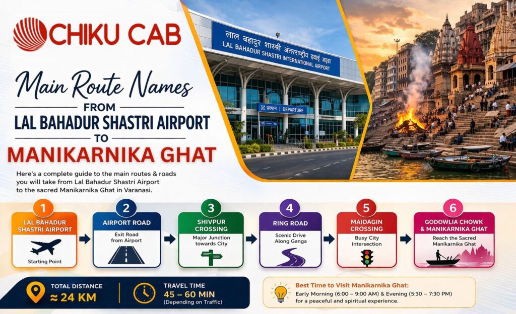 Main Route names from Lal Bahadur Sashtri Airport to Manikarnika Ghat
