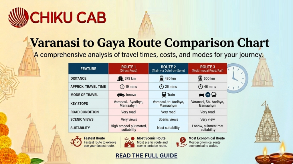 Varanasi To Gaya Route Comparison Chart: