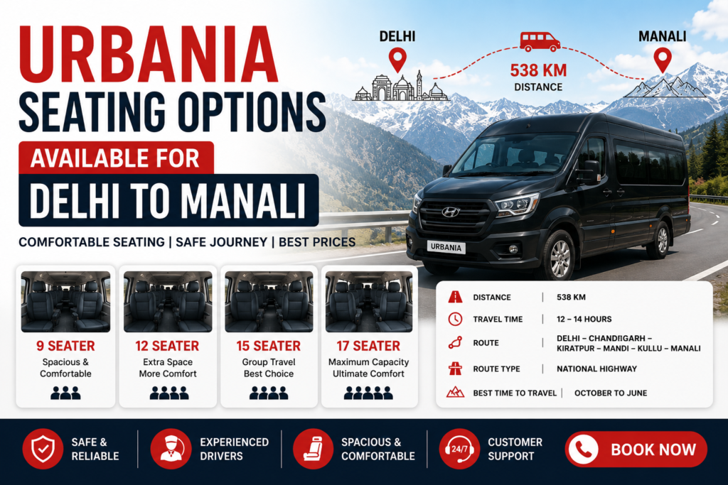 Urbania Seating Options Available for Delhi to Manali: