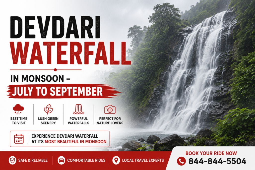 Devdari Waterfall in Monsoon – July to September