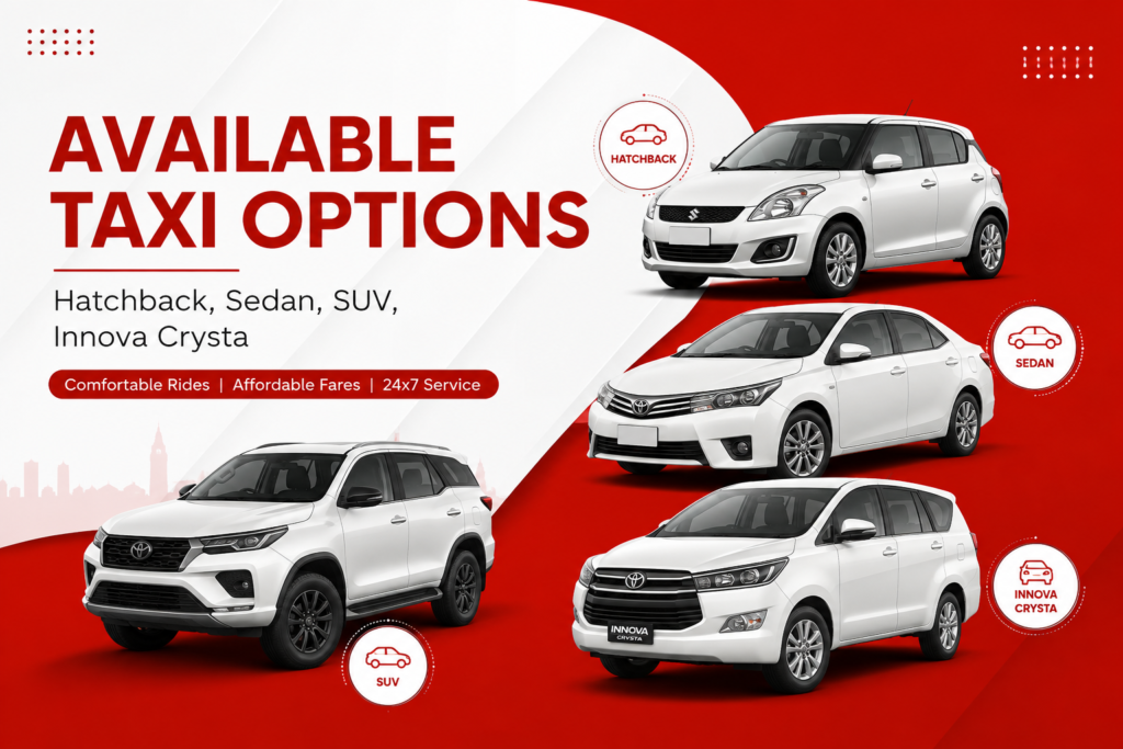 Available Taxi Options (Hatchback, Sedan, SUV, Innova Crysta)
