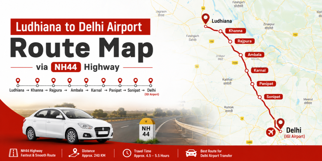 Ludhiana to Delhi Airport Route Map