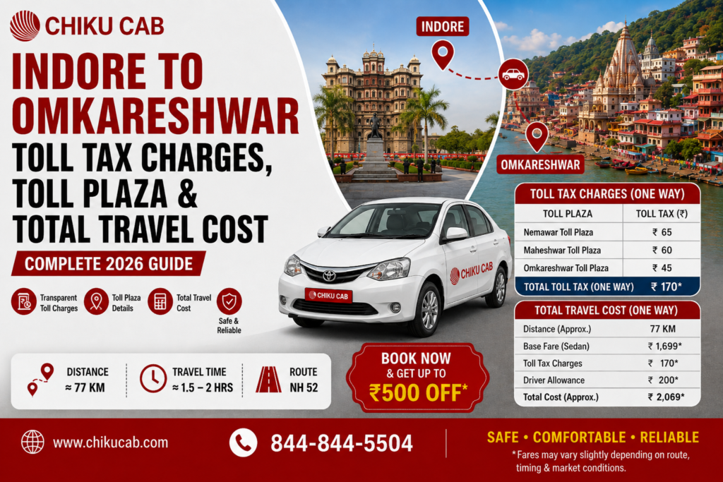 Indore to Omkareshwar Toll Tax Charges, Toll Plaza & Total Travel Cost