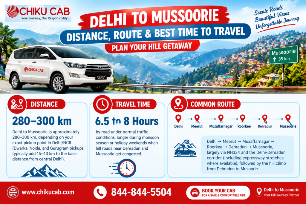 delhi to mussoorie time distance