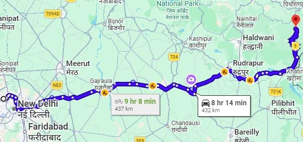 Delhi to Champawat Route Map