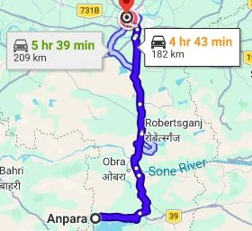 Anpara to Varanasi Route Map