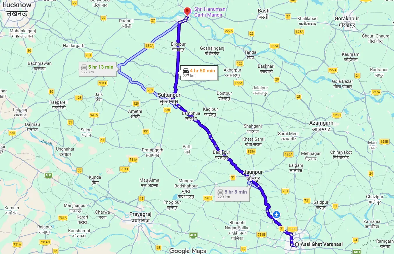 Assi Ghat to Ayodhya Route Map