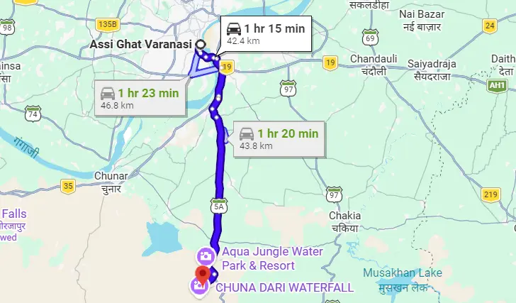 Assi Ghat to Lakhaniya Dari Waterfall Route Map