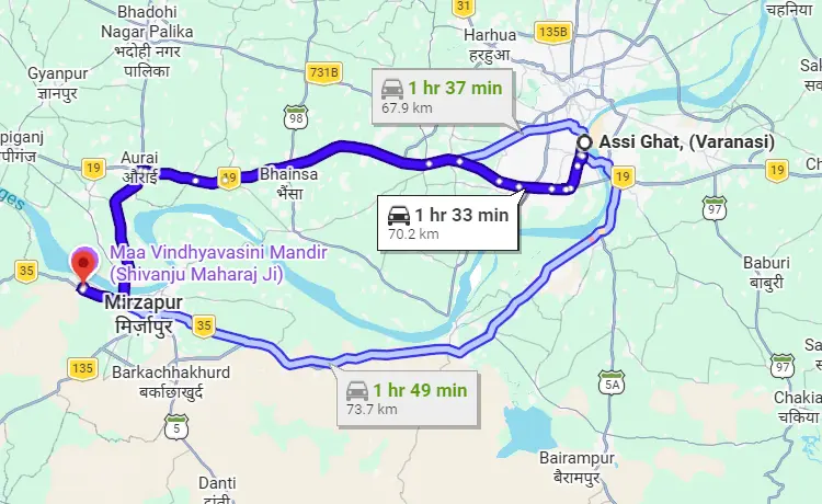 Assi Ghat to Vindhyachal Route Map