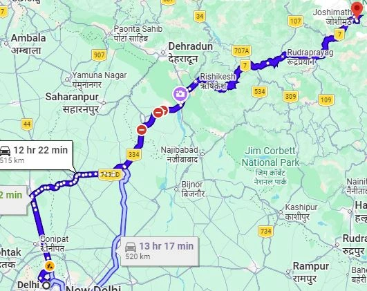 Delhi to Auli Route Map