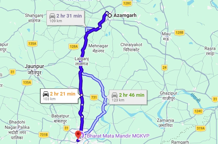 Azamgarh to Varanasi Route Map