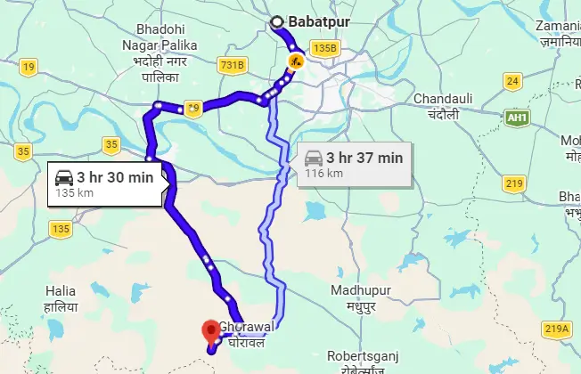 Babatpur to Mukkha Waterfall Route Map