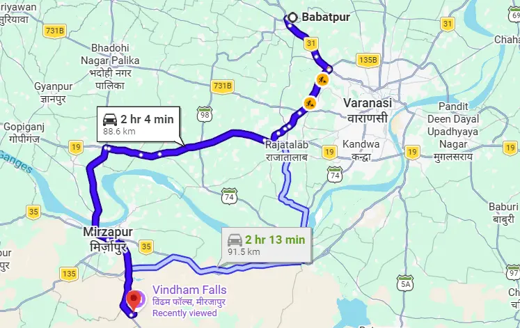 Babatpur to Windom fall Route Map