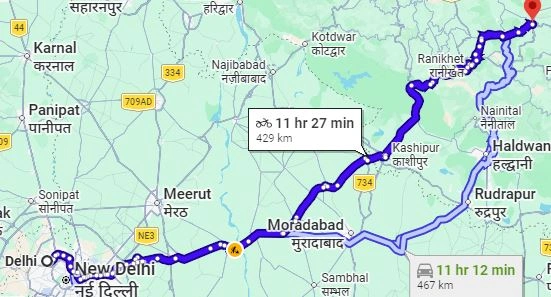 Delhi to Bageshwar Route Map