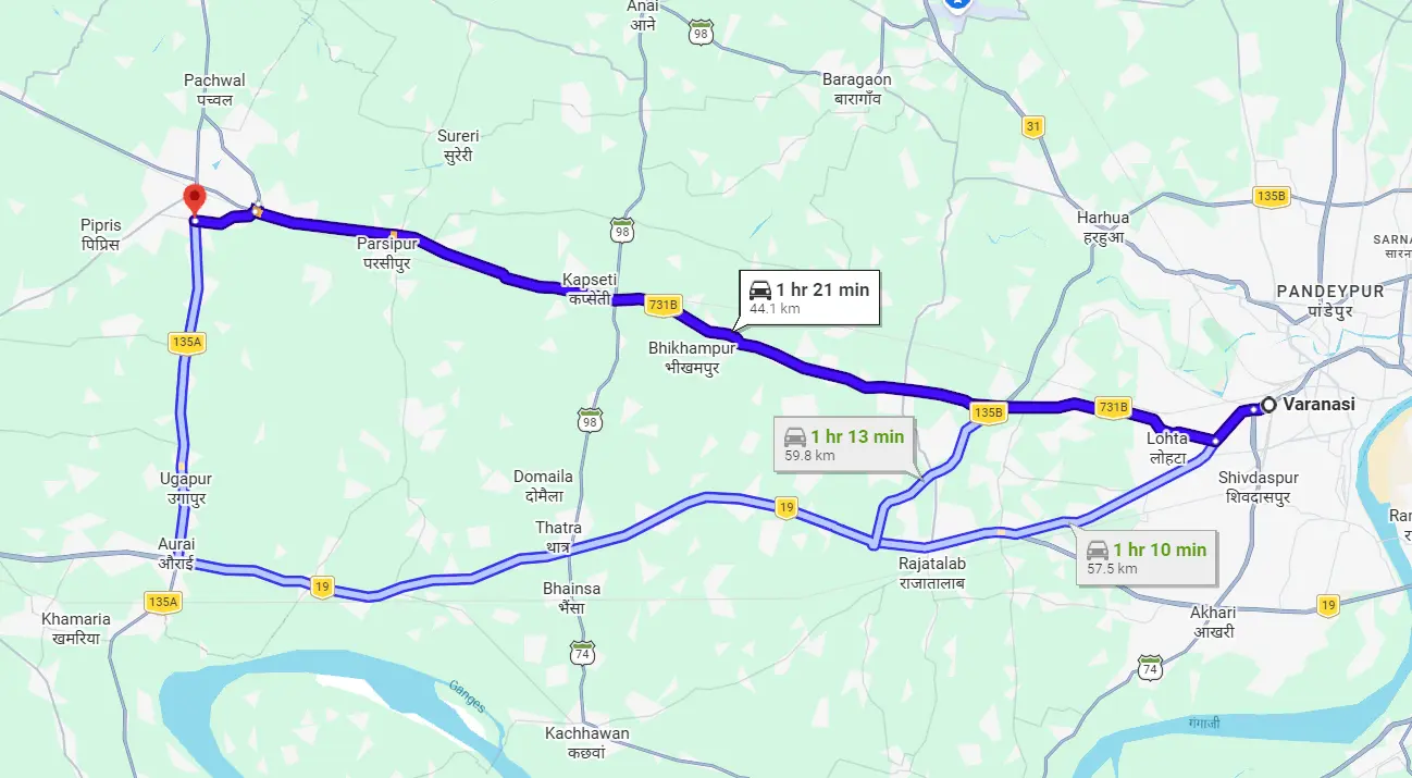 Varanasi to Bhadohi Route Map