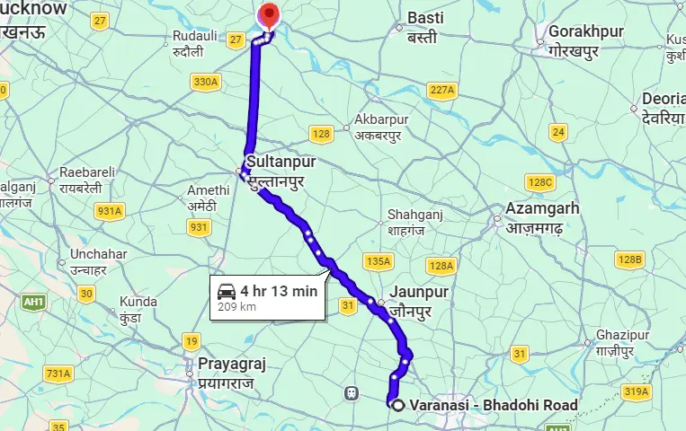 Bhadohi to Ayodhya Route Map