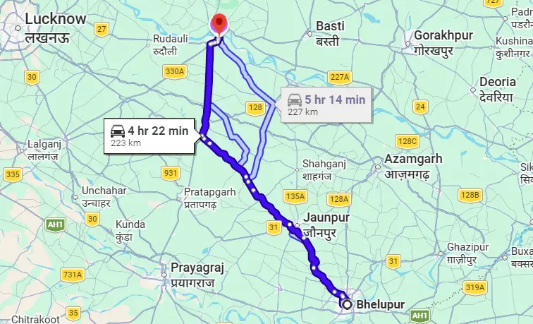 Bhelupur to Ayodhya Route Map