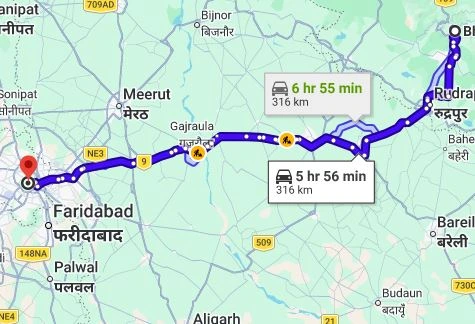 Bhimtal to Delhi Route Map