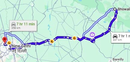 Bhowali to Delhi Route Map