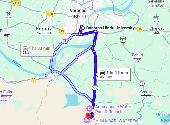 BHU to Lakhaniya Dari Waterfall Route Map