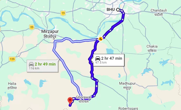 BHU to Mukkha Waterfall Route Map