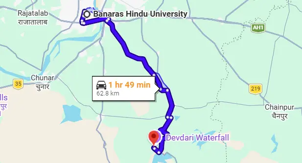 BHU to Rajdari Waterfall Route Map