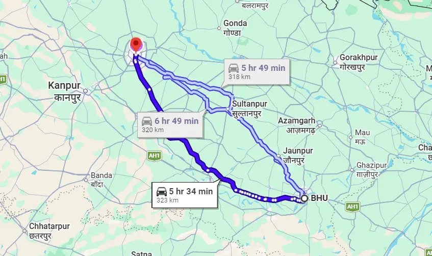 BHU to Lucknow Route Map