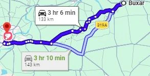 Buxar to Varanasi Route Map