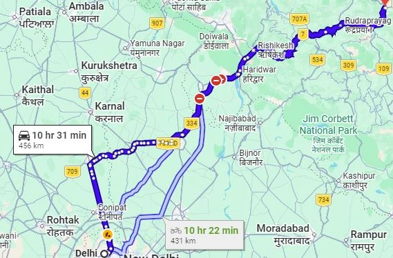 Delhi to Chamoli Route Map