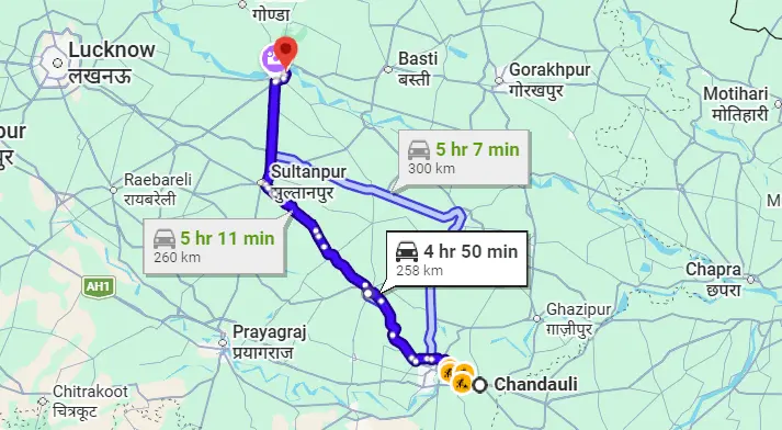 Chandauli to Ayodhya Route Map