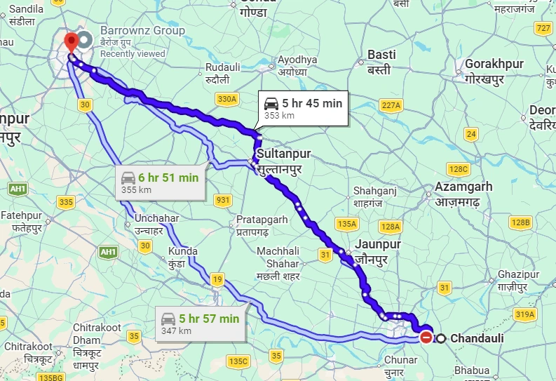 Chandauli to Lucknow Route Map