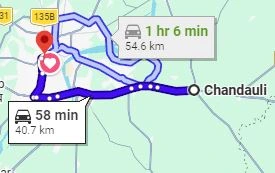 Chandauli to Varanasi Route Map