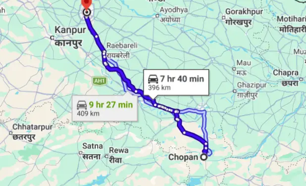 Chopan to Lucknow Route Map