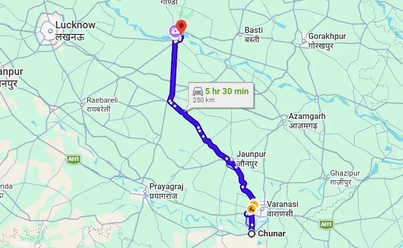 Chunar to Ayodhya Route Map