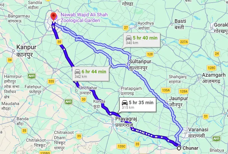 Chunar to Lucknow Route Map