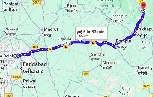 Delhi to Bhimtal Route Map