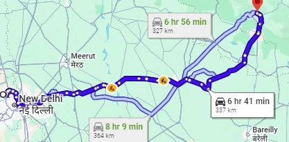 Delhi to Bhowali Route Map