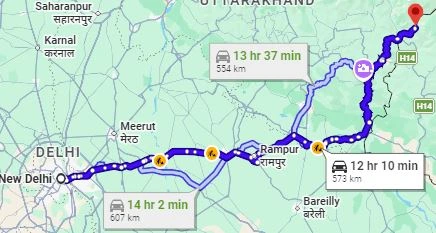 Delhi to Dharchula Route Map