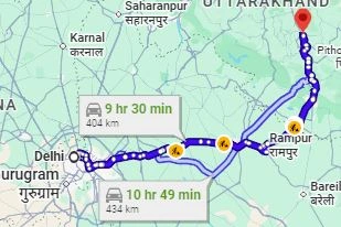 Delhi to Dwarahat Route Map via Haldwani & Almora