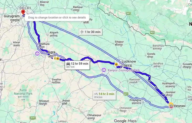 Varanasi to Delhi Route Map
