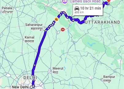 Delhi to Tungnath Route Map
