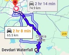 Devdari Waterfall to Varanasi Route Map