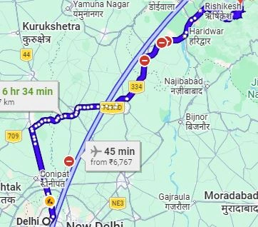 Delhi to Devprayag Route Map