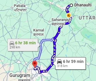 Dhanaulti to Delhi Route Map
