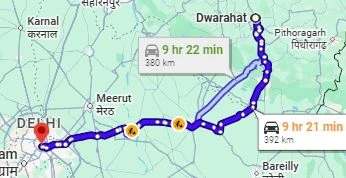 Dwarahat to Delhi Route Map via Haldwani & Almora