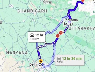 Delhi to Gangotri Route Map
