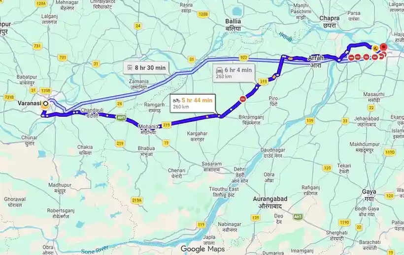 Varanasi to Gaya Route Map