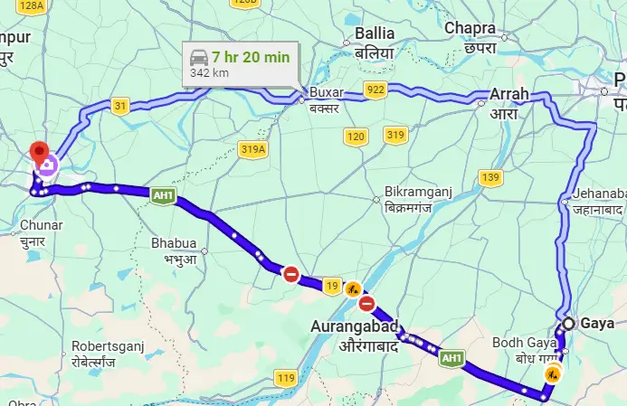 Gaya to Varanasi Route Map
