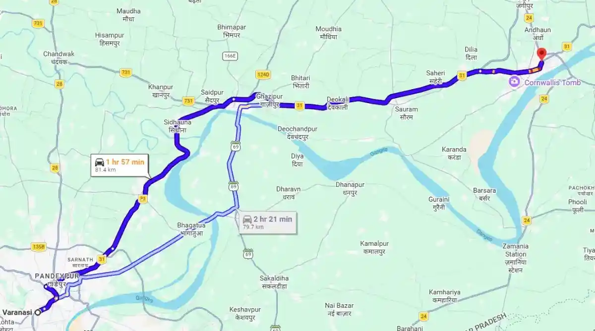 Varanasi to Ghazipur Route Map