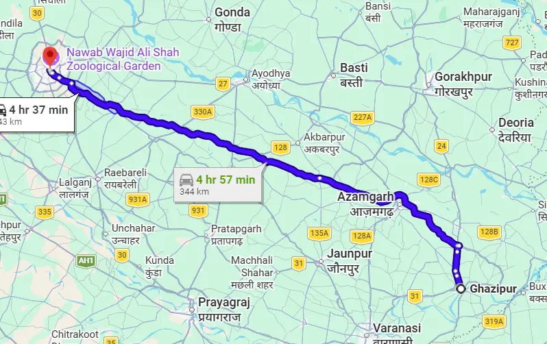 Ghazipur to Lucknow Route Map